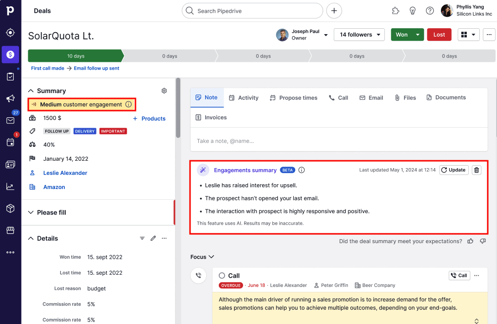 Puntuación de la IA de Pipedrive