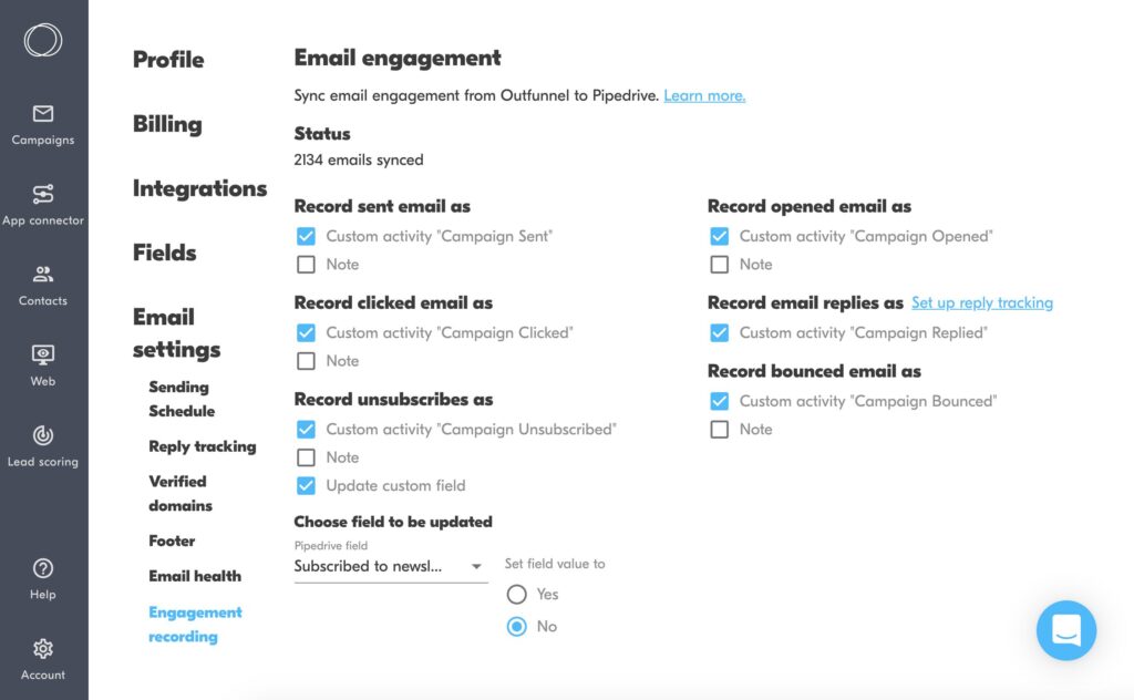 interacción por correo electrónico de Outfunnel